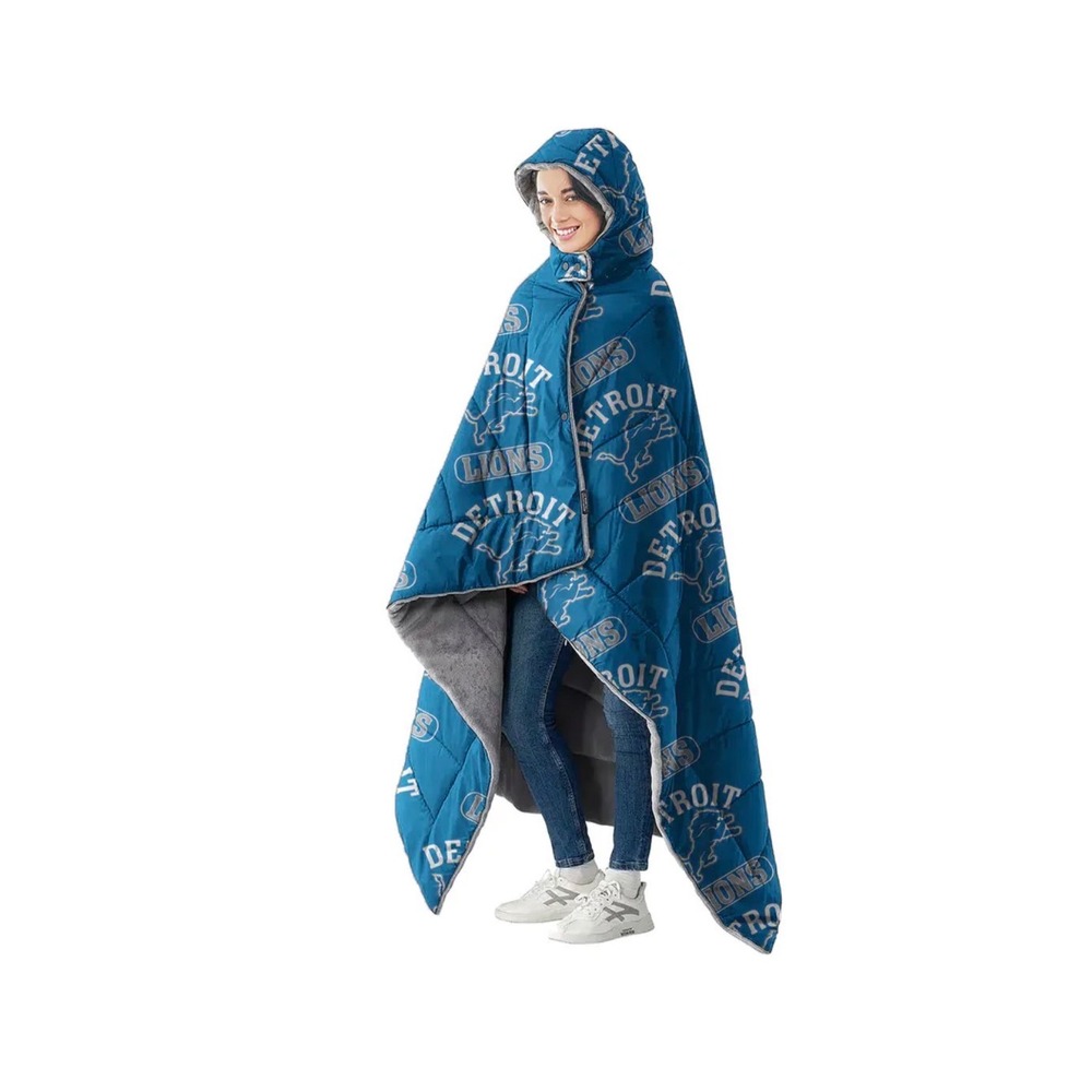 Detroit Lions Pegasus 54x72 Repeat Logo Outdoor Wearable Hooded Blanket Blue